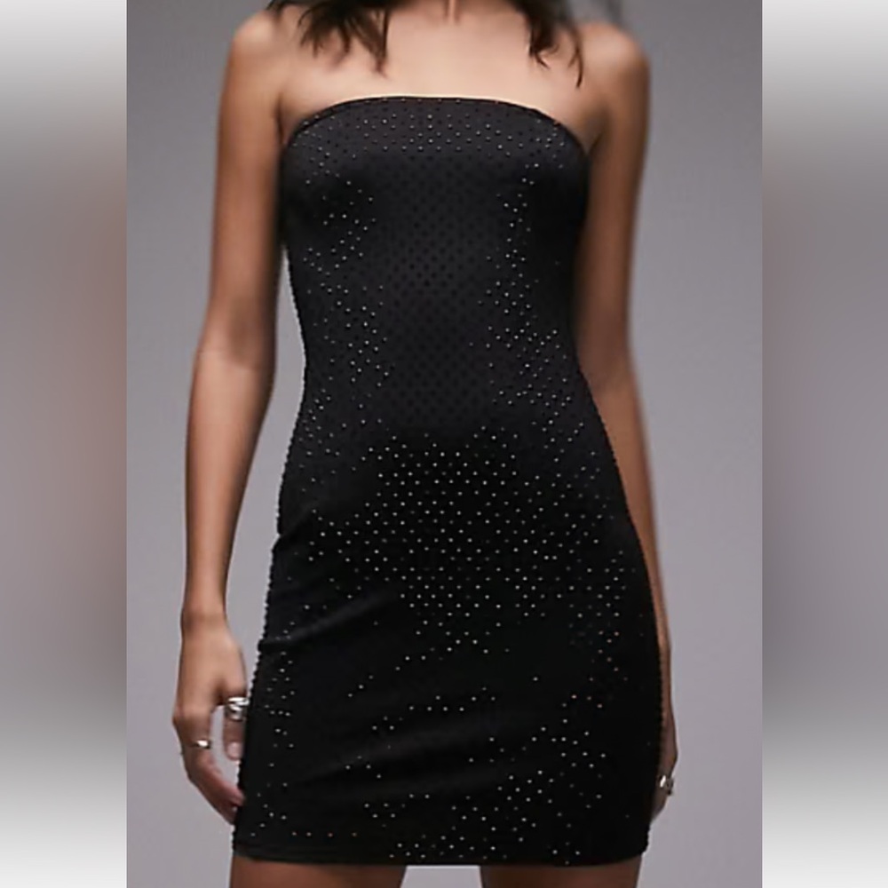 Topshop Embellished Elegant Mini Studded bandeau Black Dress | 6